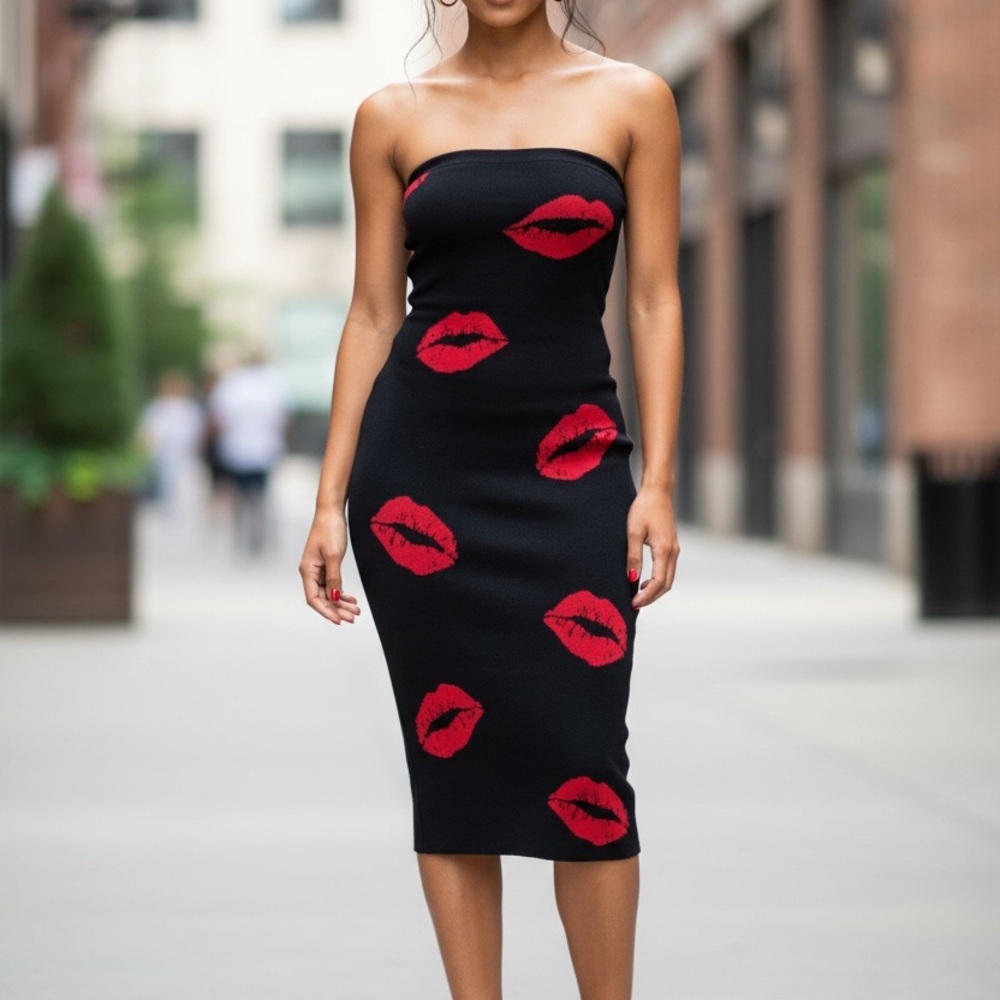 Madden Girl Strapless Black Dress with Red Lip Prints